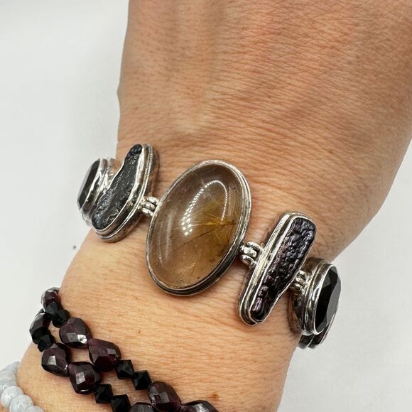 Rutilated Quartz, sm. quartz, biwa pearls set in solid Sterling silver bracelet! - Picture 2 of 11
